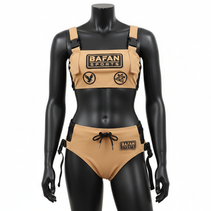 ชุดบิกินี่ผู้หญิงผ้าไนลอนผสมสแปนเด็กซ์ยืดหยุ่นสูง สีแทนดำ แต่งผ้าตาข่ายตัดต่อ พร้อมโลโก้ซิลิโคนแบบกำหนดเอง - Product Image 6