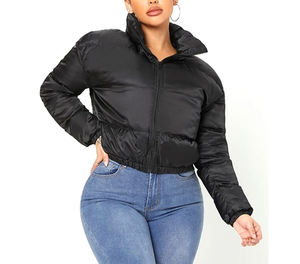 Chaqueta Acolchada Negra para Mujer, Manga Larga, Cuello Alto, Cierre de Cremallera, Abrigo Grueso de Invierno, Color Sólido, Relleno de Poliéster - Product Image 1