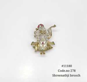 11180 Shreenathji Brooch <b>Gold</b> Plated Figurative Pin With KStones Round Kundan Brilliant Cut Claw Setting Wedding Brooch - Product Image 2