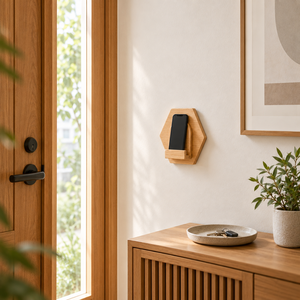Support mural moderne en bois pour téléphone, support hexagonal en bois de pin pour téléphone, organisateur pour chambre à coucher, entrée, salon, décoration de la maison - Product Image 1
