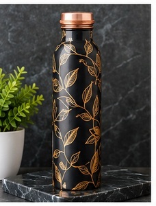 Aesthetic Blue <b>Metal</b> <b>Water</b> <b>Bottle</b> with Copper Lid and Japanese Wave Art - Product Image 3