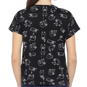 เสื้อยืดคอกลมแขนสั้นสีดำสำหรับผู้หญิง ทรงปกติ ผ้าฝ้าย 100% พิมพ์ลายการ์ตูนสลอธ สวมใส่สบายทุกฤดู ผ้าเจอร์ซีย์ถัก - Product Image 2