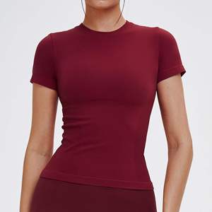 Camiseta de Manga Corta para Mujer, Cuello Redondo, Corte Ajustado, Tejido de Punto, 100% Algodón, Color Sólido, Transpirable, Primavera Verano - Product Image 4