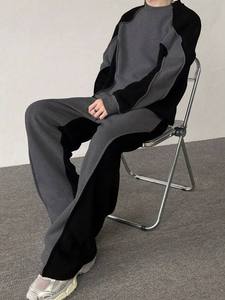 Mens Dark Grey and Black Contrast Piping <b>Crewneck</b> Sweatshirt and Matching Pants Tracksuit OEM ODM Wholesale Apparel - Product Image 5
