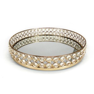 Round <b>Mirrored</b> Storage Tray With Crystal Edge Gold Finish Modern Luxury Design <b>Table</b> Use Single Tier Jewelry Organizer - Product Image 5