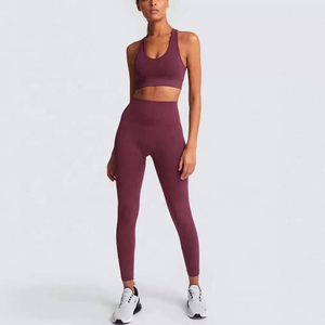 Ensemble de yoga pour femme, haut court côtelé dos nageur violet, leggings taille haute longueur intégrale, sans couture, couleur unie, 2 pièces - Product Image 1