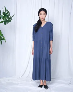 Premium Blue V-Neck Cotton Linen Maxi <b>Dress</b> With Short Sleeve <b>Loose</b> Fit Button Front Casual Daily Wear - Product Image 4