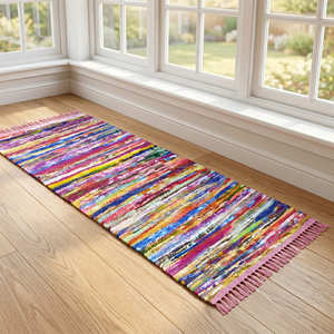 2.5' x 10' Colorful Recycled Cotton Hallway <b>Runner</b> with Fringe for Entryway Bohemian Cottage & Eclectic Home - Product Image 1