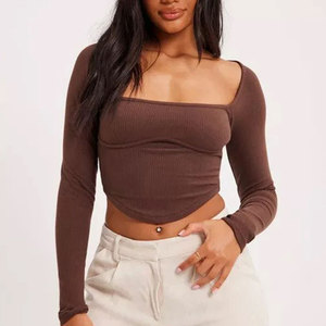 Women's Brown Square Neck Long Sleeve Knitted <b>Crop</b> <b>Top</b> Slim Fit Solid Color Breathable All Seasons Style - Product Image 1