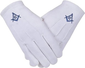 Gants en coton 100% brodés à la machine avec le symbole de la franc-maçonnerie (compas et équerre) de la Loge Bleue, blancs. - Product Image 1