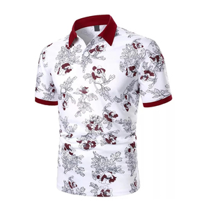 Polo de Manga Corta con Estampado Floral para Hombre, Cuello Rojo, Transpirable, Tejido de Poliéster, Estilo Casual, Color Blanco - Product Image 1