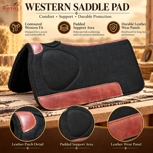 Selle Western |   Couverture de selle en feutre noir avec panneaux en cuir marron, soutien rembourré et coupe western profilée - Product Image 5