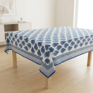 Nappe carrée en coton avec motif végétal bleu imprimé à la main, design minimaliste pour la décoration intérieure, lavable, tissage artisanal - Product Image 4