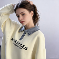 Nouveau sweat à capuche en jean patchwork à revers ample pour femme, collection Printemps-Automne, pull décontracté et polyvalent à manches longues style écolier