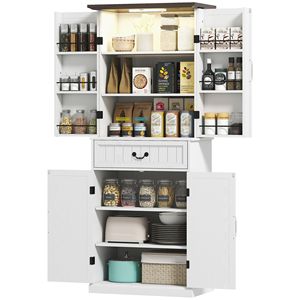 Mobile dispensa da cucina a LED bianco anticato da 71 pollici con ante e ripiani, stile rustico - Product Image 1