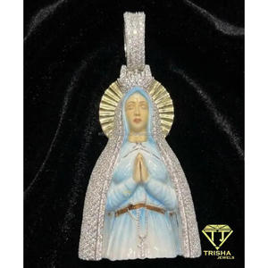 Colgante de Lujo con Figura Religiosa de Dama, con Esmalte Azul y Diamante Moissanita, Joyería de Plata de Ley 925 - Product Image 3