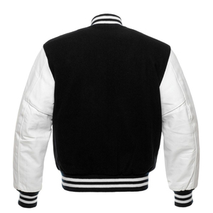 Custom Black Wool and White Genuine Leather Sleeves Varsity Jackets Chenille Embroidery <b>Men</b> Oversized Baseball Jacket - Product Image 2