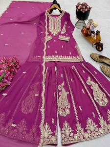 Conjunto de traje Sharara de georgette de zorro puro de diseñador para mujer con bordado de lentejuelas y dupatta, completamente cosido, para fiesta, estilo étnico. - Product Image 5