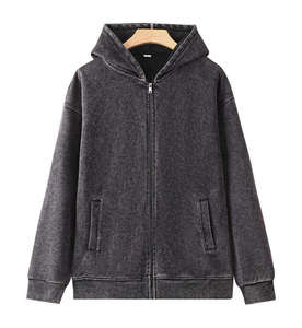 เสื้อฮู้ดดี้ผู้ชายทรงโอเวอร์ไซส์ ผ้าฝ้ายฟอกสีพื้น ซิปหน้า สวมใส่สบายๆ สำหรับฤดูใบไม้ร่วง คุณภาพสูง - Product Image 4
