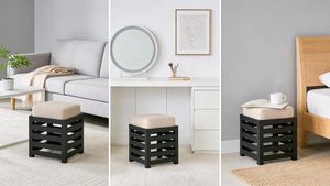 Wooden Ottoman Stool with Cushioned Seat | Modern Square <b>Footrest</b> Pouffe for Living Room Bedroom | Solid Wood Accent Stool - Product Image 3