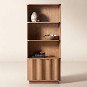 <b>Solid</b> Teak <b>Wood</b> <b>Bookcase</b> with Fluted Door Cabinet Luxury Closed Back Bookshelf for Home Office - Product Image 1