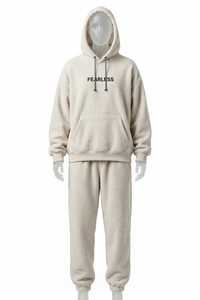 Unisex Oversized Beige <b>Sherpa</b> <b>Fleece</b> Hoodie Sweatshirt Jogger Pants Two Piece Set with Pocket Color Blocking Winter Embroidered - Product Image 5