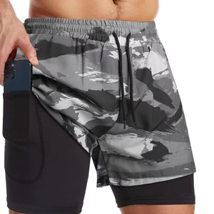 Shorts de sport camouflage pour homme avec poches, respirants, séchage rapide, taille mi-haute, fermeture à cordon, polyester/coton, vêtements de sport - Product Image 1