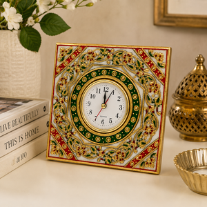 Marble Square <b>Table</b> <b>Clock</b> | Handcrafted Decorative Desk <b>Clock</b> with Traditional Indian Design - Product Image 6