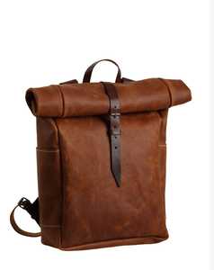 Slate Grey Leather <b>Roll</b> Top <b>Backpack</b> Unique Color Rucksack For Modern Professionals Travel Daypack LRTB-0175 - Product Image 1