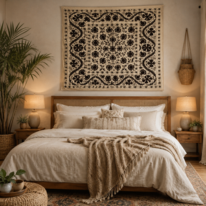 Couvre-lit en coton brodé Suzani de qualité supérieure, crème et noir, motif floral botanique bohème, décoration de chambre artisanale indienne - Product Image 2
