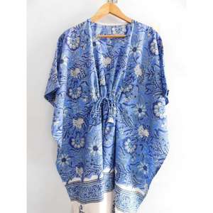 Vestido Kaftán de Algodón con Estampado Artesanal, Cuello en V, Mangas Murciélago, Cordón Ajustable, Estilo Boho, Túnica Holgada para la Playa, Vacaciones de Verano - Product Image 5