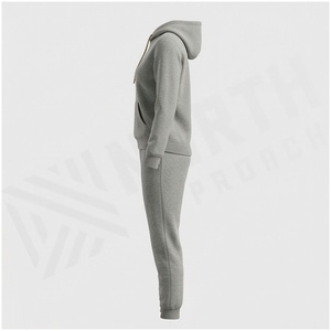 Conjunto de Sudadera con Capucha y Pantalones Deportivos para Mujer, 100% Algodón, Color Gris Sólido, Chándal Informal, Felpa de Peso Medio, para Otoño - Product Image 3