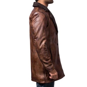 Abrigo de Cuero de Oveja Marrón para Hombre con Forro de Lana, Solapa con Muescas, Cuello de Piel, Chaqueta de Invierno de Un Solo Pecho - Product Image 3