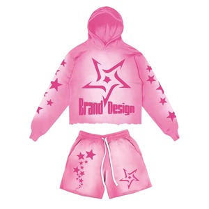Ensemble de survêtement unisexe en coton épais rose uni, coupe courte, avec imprimé graphique étoile, style streetwear, idéal pour l'hiver, personnalisable par le fabricant - Product Image 2