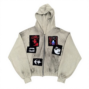 Oversized Washed Zip Up Hoodie Men's <b>Retro</b> Streetwear <b>Sweatshirt</b> Patchwork Pullover Custom Logo - Product Image 2