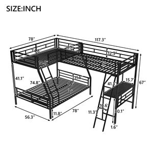 Black Metal Twin Over Full Bunk <b>Bed</b> with Attached Twin Loft and Desk for Kids' <b>Space</b> <b>Saving</b> Solution - Product Image 6