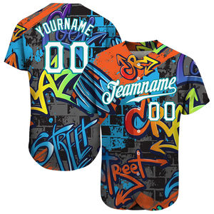 Dernier modèle de maillot de baseball léger, respirant et à séchage rapide, avec logo OEM personnalisé, motif géométrique graffiti, design authentique blanc et turquoise - Product Image 1