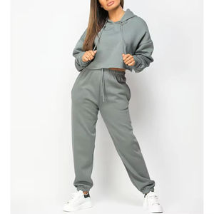 <b>Women's</b> <b>Grey</b> Cropped Hoodie Jogger Pants 2 Piece <b>Tracksuit</b> Set Oversized Sweatshirt Casual Loungewear Streetwear 100% Cotton - Product Image 4