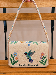 Sac à bandoulière de luxe fait main avec perles et rabat magnétique |   Design floral colibri |   Coffret de perles de rocaille portables de qualité supérieure pour femmes - Product Image 2