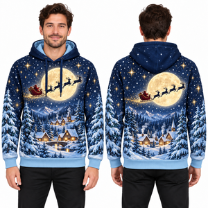 Men's Christmas Hoodie Santa Sleigh Moon Snow Village Print Casual Winter Sweatshirt with Pocket Design - Product Image 1