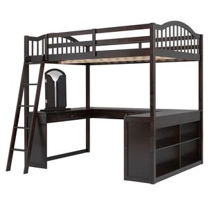 Espresso U-Shaped Wooden Loft Bed with Storage Compartments and Tri-Fold Mirror Full Size Desk Included - Product Image 4