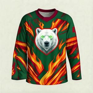 Jersey de Hockey sobre Hielo para Hombre, Manga Larga, Cuello en V, Sublimado con Estampado de Oso Polar y Llamas, Poliéster que Absorbe la Humedad, Corte Regular - Product Image 1