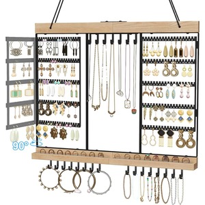 Wooden Jewelry Organizer Wall Mount with Black <b>Metal</b> <b>Grid</b> for Earrings Necklaces Bracelets Storage Display Rack - Product Image 5