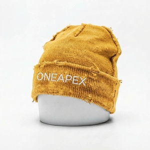 Bonnet en tricot jaune moutarde vieilli pour homme, avec revers, imperméable, hiver, unisexe, streetwear, bonnet ajusté, logo personnalisé, 100% acrylique - Product Image 1