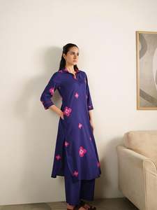 Blue Floral Embroidered <b>Maxi</b> <b>Dress</b> With Three Quarter Sleeves Loose Fit Casual Daily Wear Cotton Bamboo Fiber Woven Hand Embroid - Product Image 5