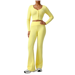 <b>High</b> Quality Active Wear Long Sleeve Top with Yoga <b>Flare</b> <b>Leggings</b> Breathable Two Piece Gym Yoga Set for Women - Product Image 3