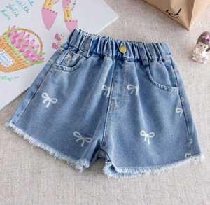 Shorts Bermuda en coton bleu clair pour filles avec poches à nœud, taille haute élastique, pantalon décontracté d'été - Product Image 4