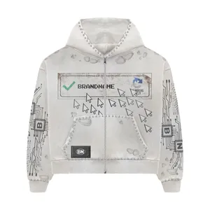 BRANDNAME Men's Oversized Hooded <b>Zipper</b> <b>Sweatshirt</b> Streetwear Print Design Gray Knitted Polyester Autumn Style - Product Image 4