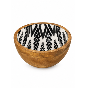 Handcrafted Wooden Serving <b>Bowl</b> with Black White Geometric Pattern Interior | <b>Mango</b> <b>Wood</b> Decorative Salad Fruit Snack <b>Bowl</b> - Product Image 1