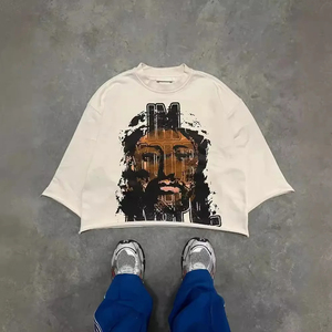 Camiseta de Manga Corta Oversize para Hombre con Estampado de Rostro de Jesús, Cuello Redondo, Estilo Urbano, Algodón Jersey Transpirable - Product Image 1